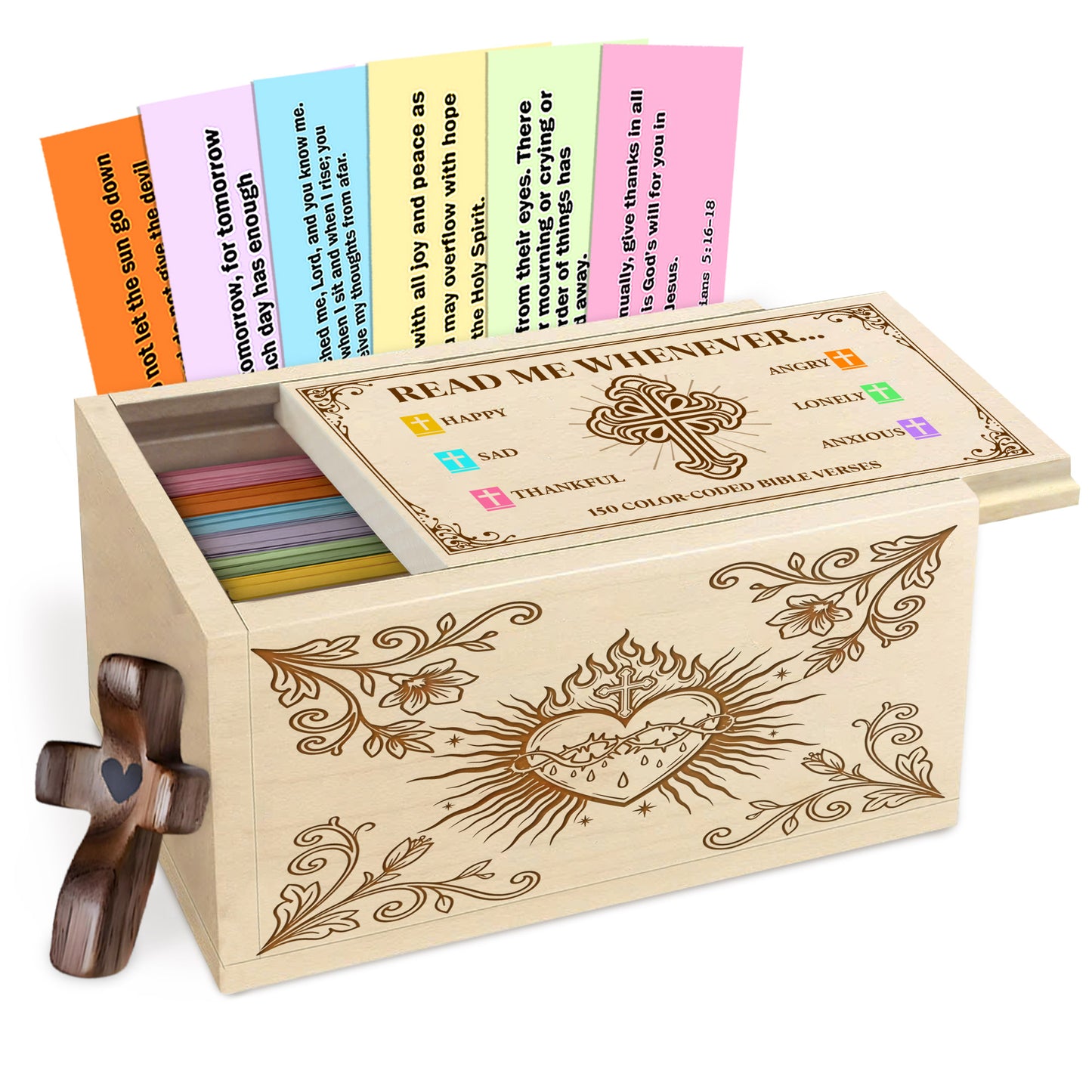 Netecom Personalized Bible Verse Box with 150 Color-Coded Scripture Cards and Custom Name Prayer Cross, Christian Wooden Keepsake Gift