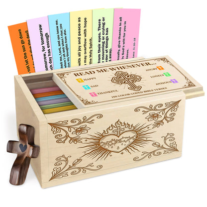 Netecom Personalized Bible Verse Box with 150 Color-Coded Scripture Cards and Custom Name Prayer Cross, Christian Wooden Keepsake Gift