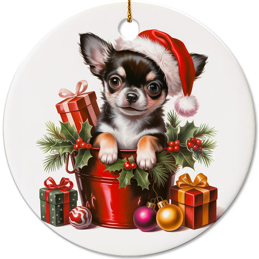 Netecom Adorable Chihuahua in Bucket Ornament, Dog with Santa Hat Ceramic Ornament for Christmas Tree Hanging Decorations Gift, Dog Lover Gifts, Home Decor, Holiday Party Present