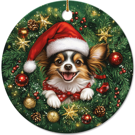 Netecom Cute Papillon Dog in Santa Hat Christmas Ornament, Puppy Ceramic Ornament for Xmas Tree Hanging Decorations Gift, Dog Lover Gifts, Home Decor, Holiday Party Present