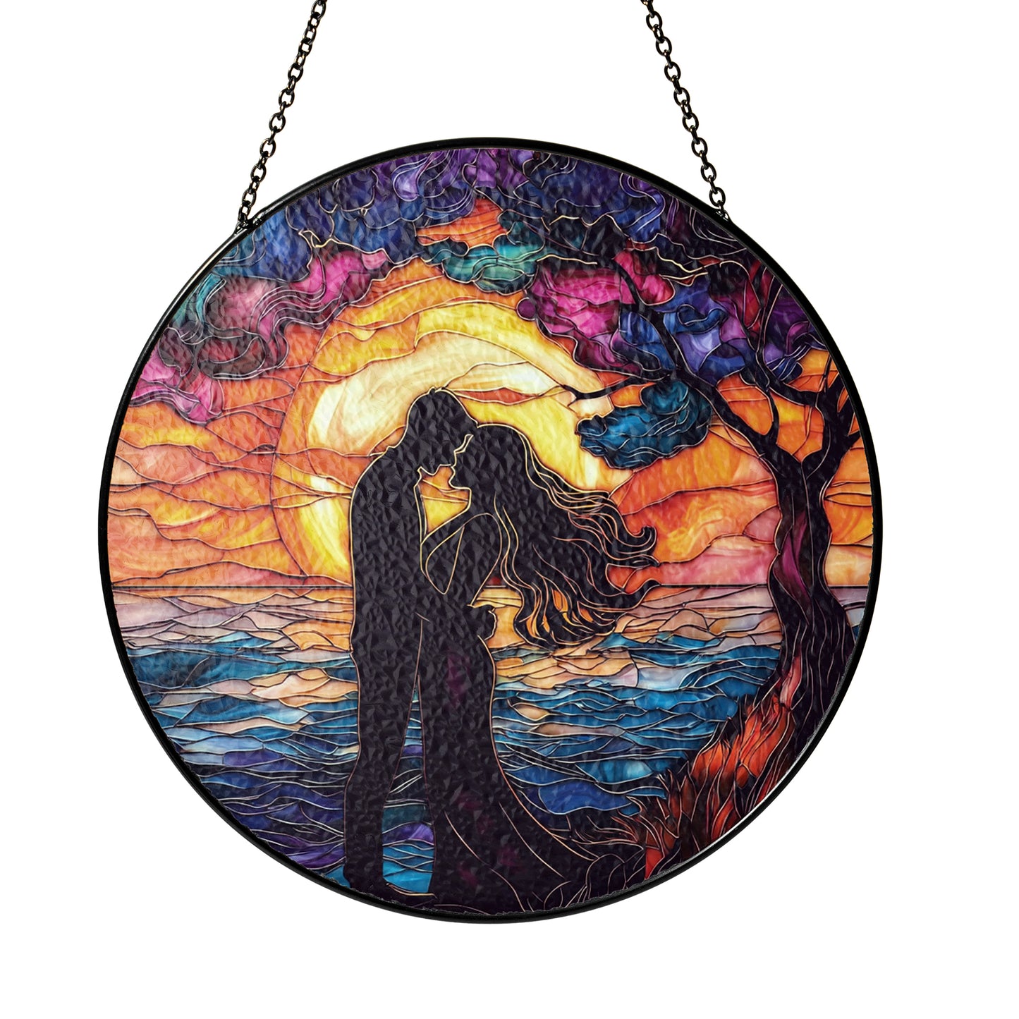 Netecom Romantic Couple Stained Glass Ornament – Sunset Silhouette Sun Catcher, Ideal Gift for Lovers
