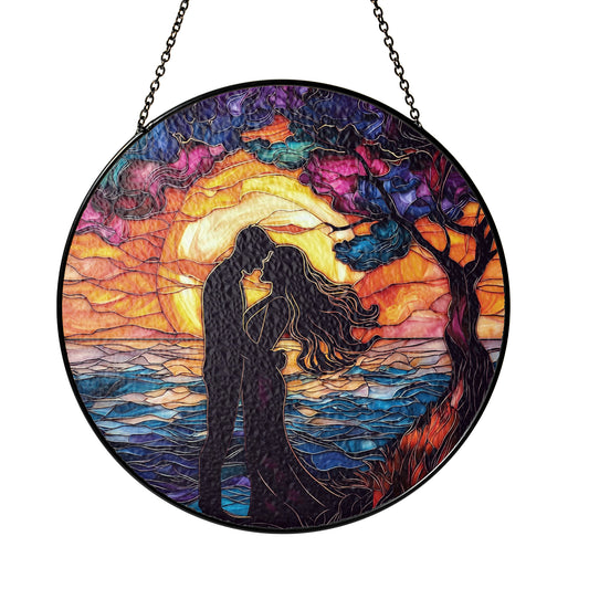 Netecom Romantic Couple Stained Glass Ornament – Sunset Silhouette Sun Catcher, Ideal Gift for Lovers