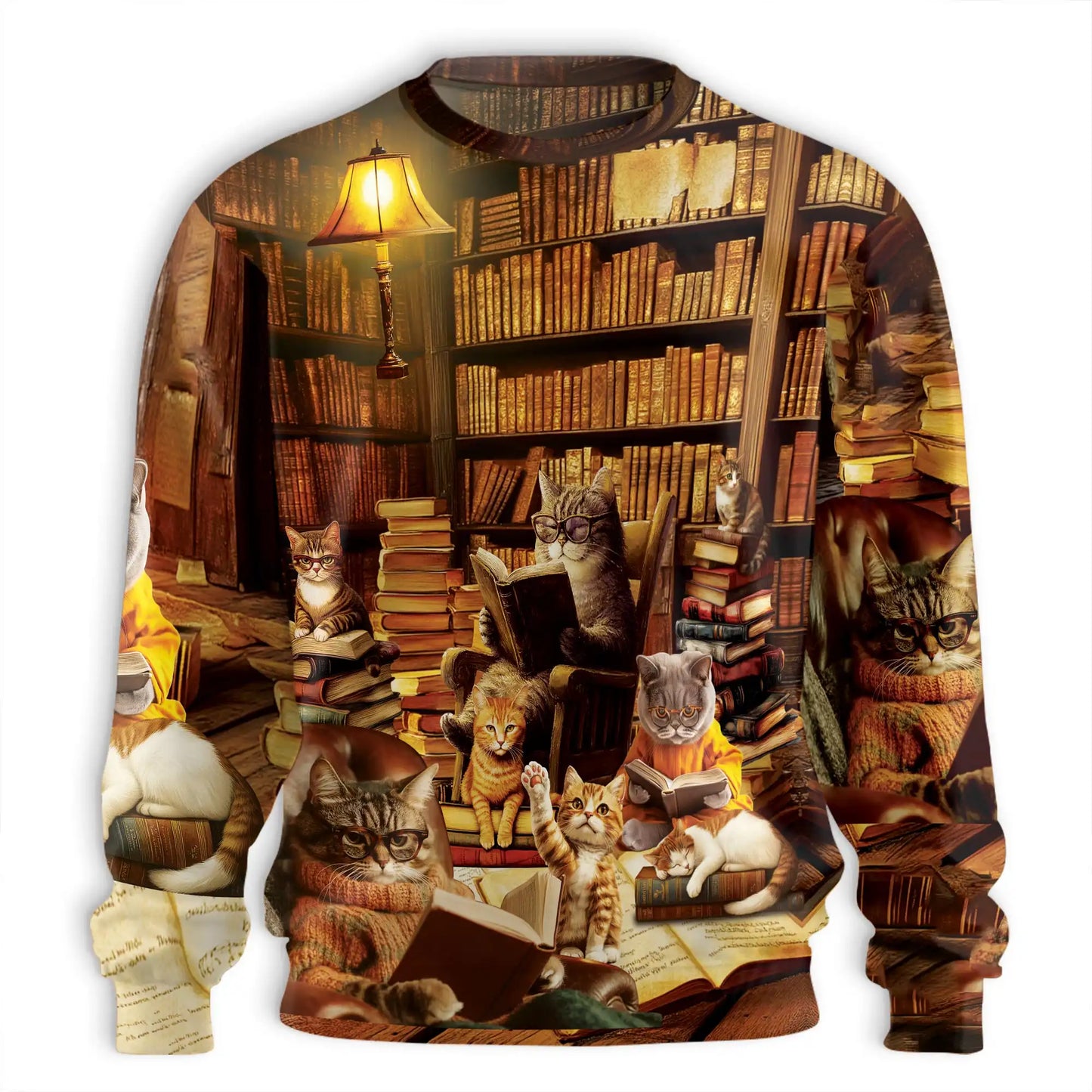 Library Cats Reading Books Sweatshirt, 3D All Over Print Cute Cat Literature Crewneck Pullover for Men Women, Cat Lover Gift - Netecom
