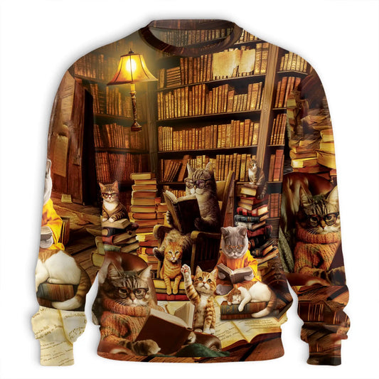 Library Cats Reading Books Sweatshirt, 3D All Over Print Cute Cat Literature Crewneck Pullover for Men Women, Cat Lover Gift - Netecom