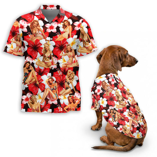 Netecom Matching Pinup Girls Retro Hawaiian Shirt for Pet and Owner, Red Tropical Aloha Summer Shirt, Vintage Pinup Print Outfit for Dog and Human, Casual Beach Vacation Wear