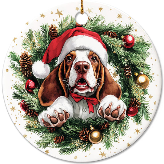 Netecom Funny Basset Hound in Santa Hat Christmas Ornament, Puppy Ceramic Ornament for Xmas Tree Hanging Decorations Gift, Dog Lover Gifts, Holiday Party Present