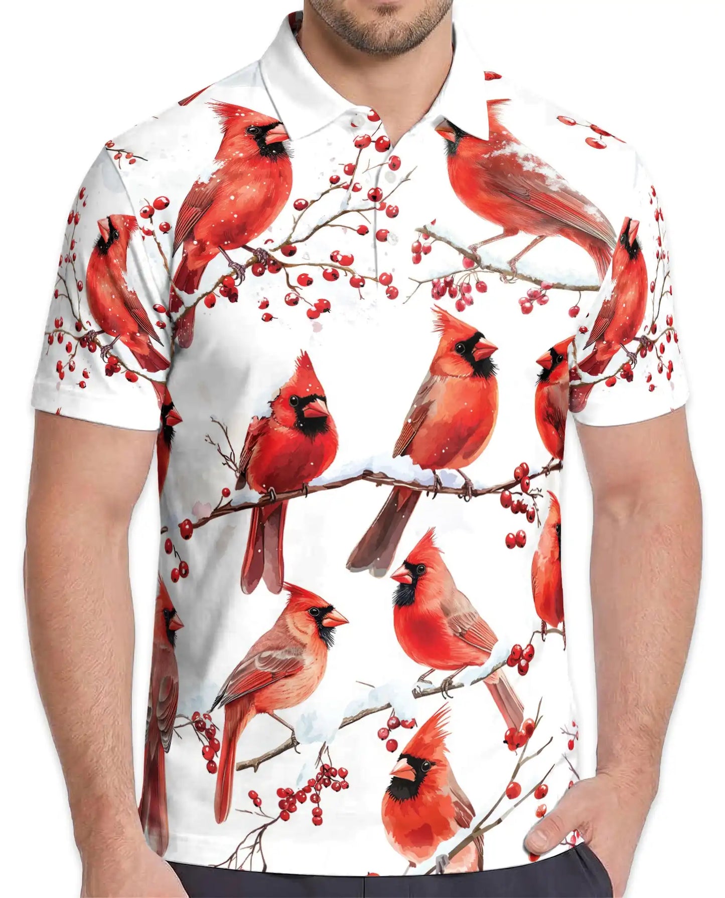 Red Cardinal Polo Shirt - Winter Songbird Nature Style | Netecom