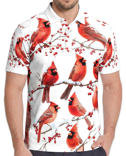 Red Cardinal Polo Shirt - Winter Songbird Nature Style | Netecom