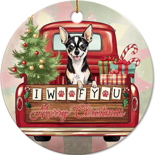 Netecom Adorable Chihuahua in Christmas Truck Ornament, I Woof You Happy Pawlidays Ceramic Ornament for Christmas Tree Hanging Decorations Gift, Dog Lover Gifts, Holiday Decor Present