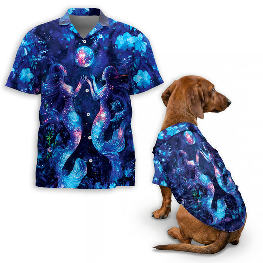 Netecom Matching Floral Mermaid Aloha Hawaiian Shirt for Dog and Owner, Black Ocean Inspired Summer Shirt, Relaxed Casual Outfit for Pet and Human