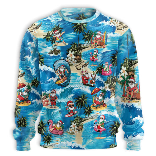 Funny Santa Surfing Dolphin Sweatshirt, 3D All Over Print Christmas Tropical Crewneck Pullover for Men Women, Santa Holiday Gift - Netecom
