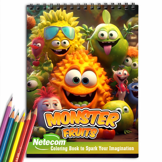 Monster Fruits Spiral Bound Coloring Book, Discover 30 Captivating Coloring Pages, Bringing Together Monsters and Fruits in Whimsical Artwork