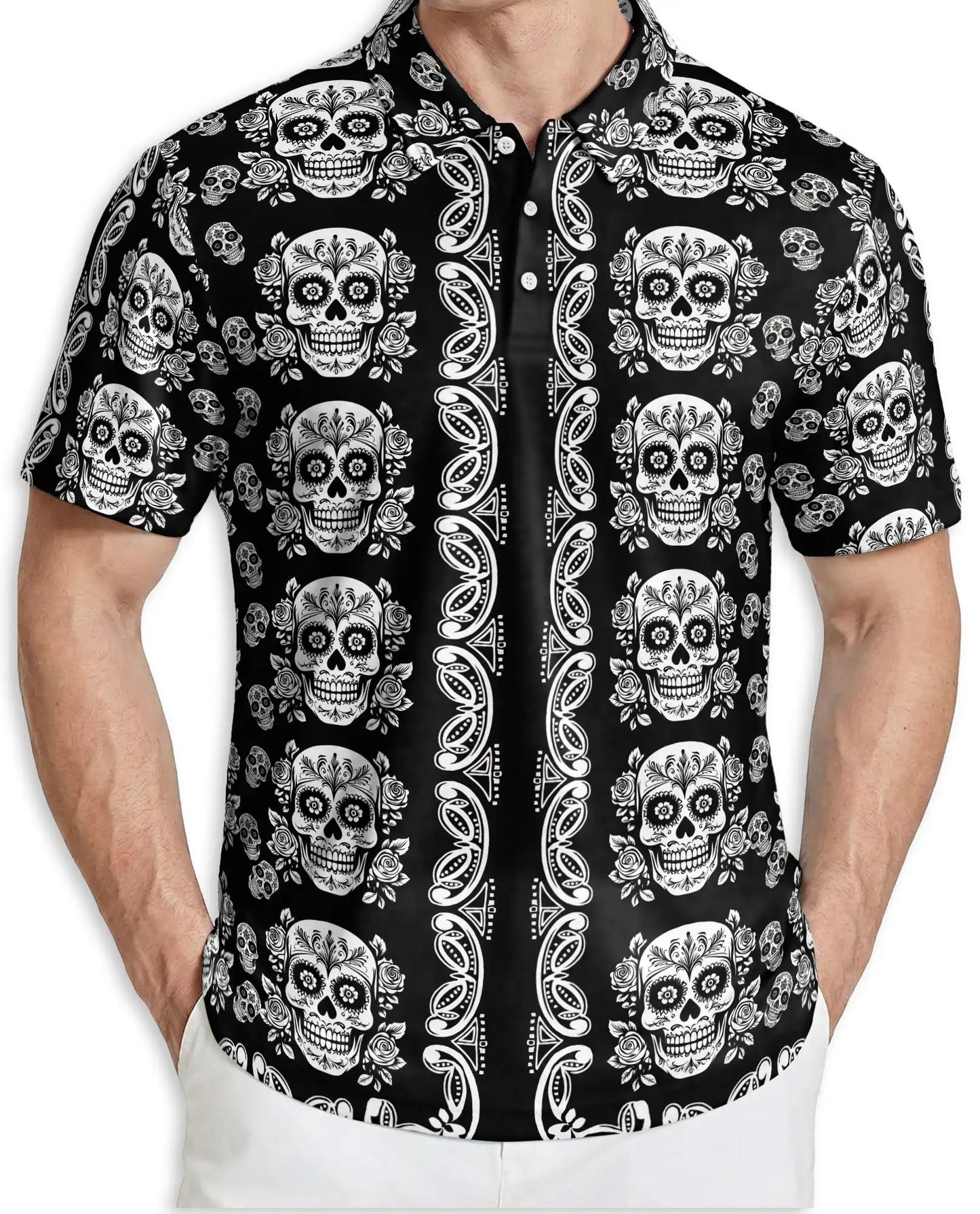 Sugar Skull Polo Shirt – Black Gothic Floral Print | Netecom