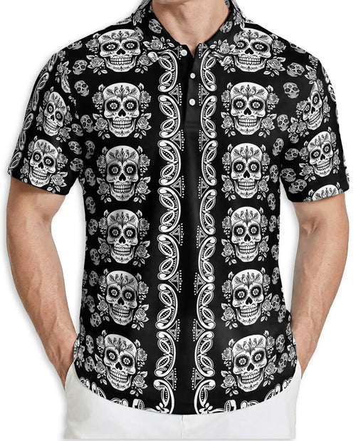 Sugar Skull Polo Shirt – Black Gothic Floral Print | Netecom