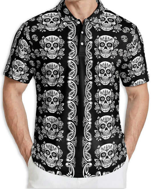 Sugar Skull Polo Shirt – Black Gothic Floral Print | Netecom
