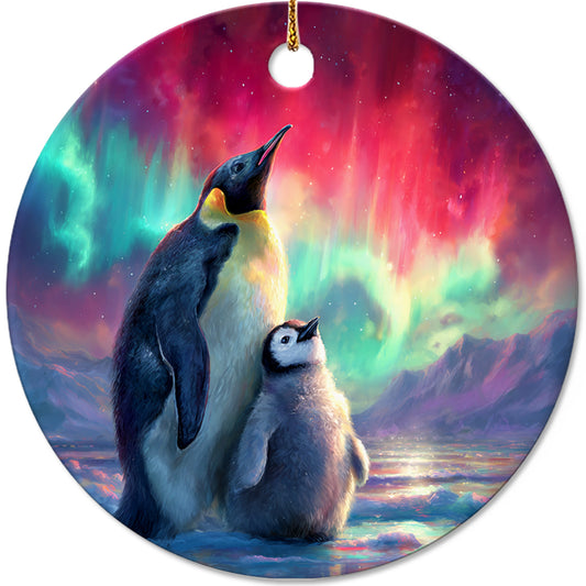 Netecom Vintage Penguin Christmas Ornament, Under Northern Lights Ceramic Ornament for Christmas Tree Hanging Decorations Gift, Bird Lover Gifts, Home Decor, Holiday Party Present