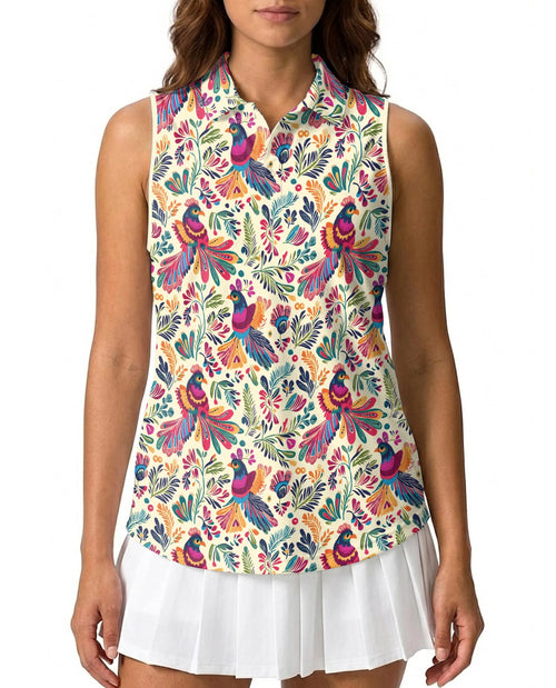Folk Art Tropical Bird Sleeveless Polo Shirt for Women | Netecom
