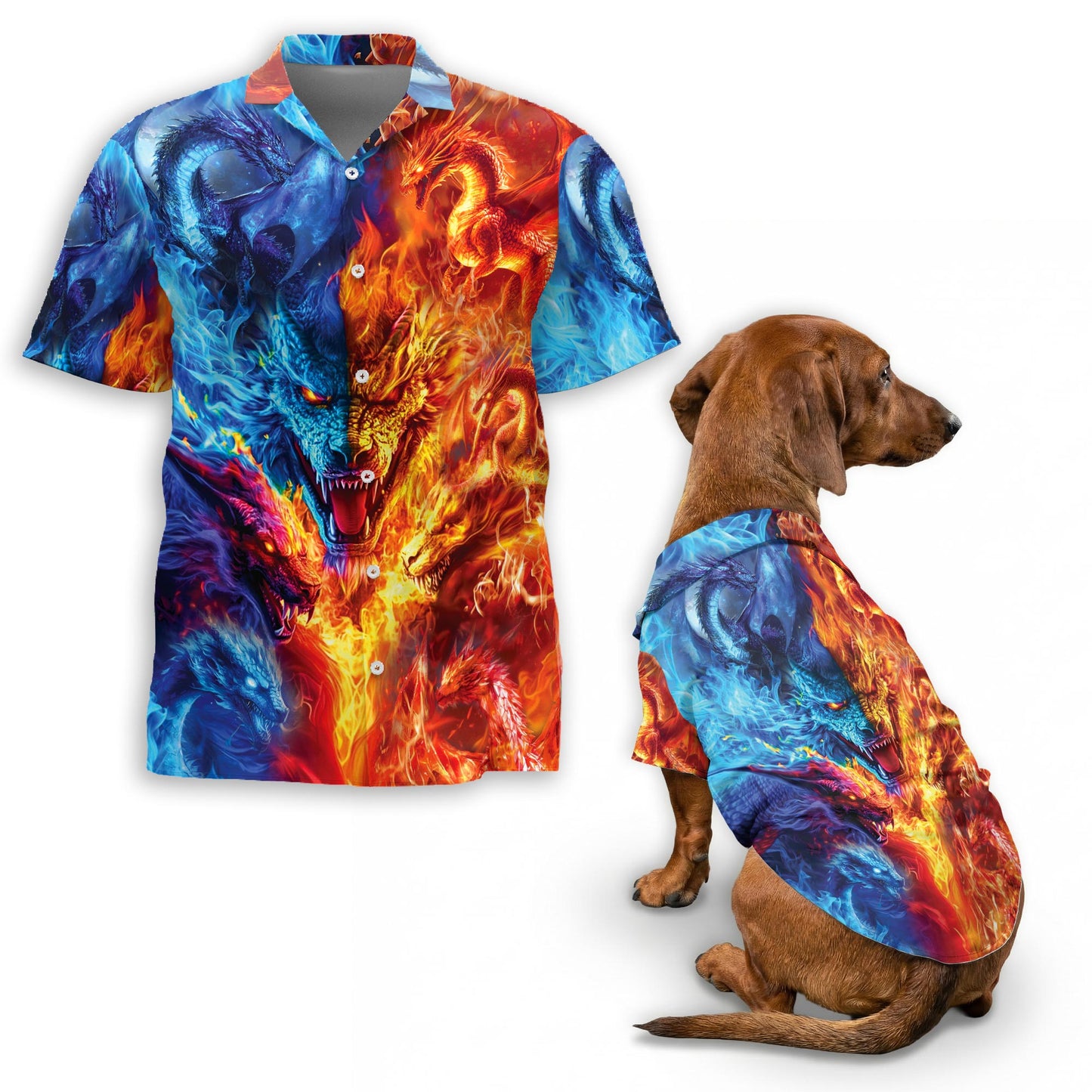 Netecom Matching Fire Dragon Aloha Hawaiian Shirt for Dog and Owner, Aloha Summer Shirt, Dragon Print Outfit for Pet and Human, Beach Vacation Casual Wear