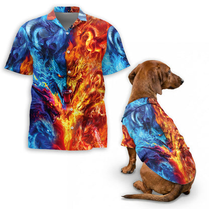 Netecom Matching Fire Dragon Aloha Hawaiian Shirt for Dog and Owner, Aloha Summer Shirt, Dragon Print Outfit for Pet and Human, Beach Vacation Casual Wear
