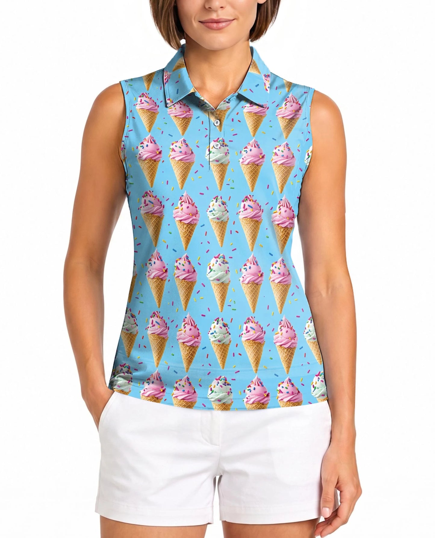 Ice Cream Pattern Sleeveless Polo Shirt for Women | Netecom