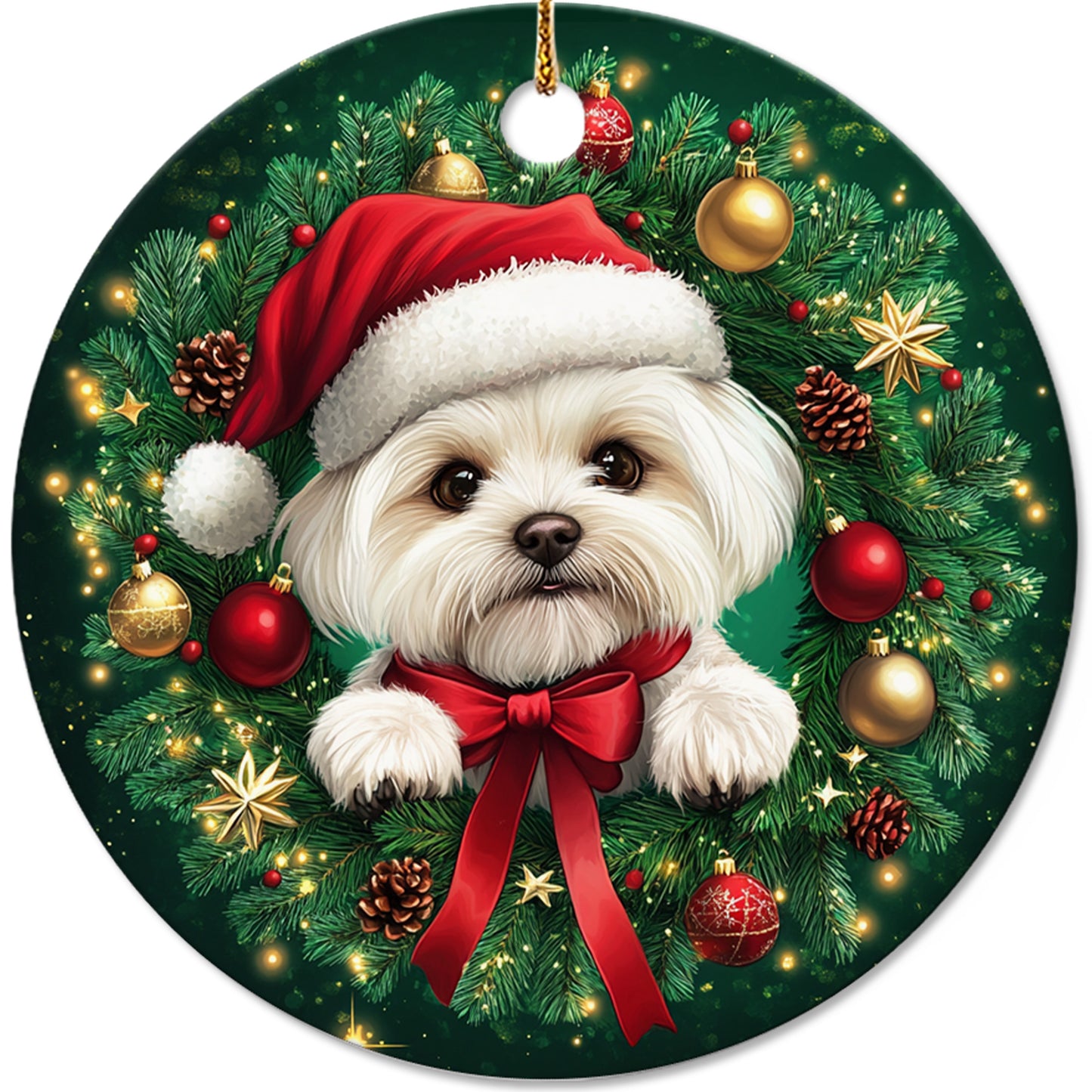 Netecom Cute Maltese Christmas Ornament, Dog Santa Hat Ceramic Ornament for Xmas Tree Hanging Decorations Gift, Puppy Lover Gifts, Home Decor, Holiday Party Present