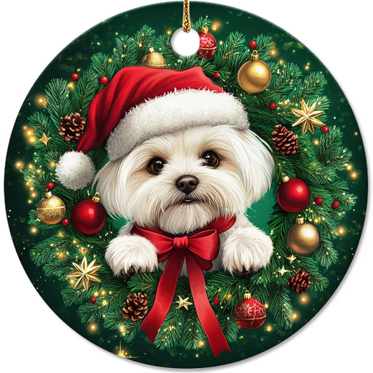 Netecom Cute Maltese Christmas Ornament, Dog Santa Hat Ceramic Ornament for Xmas Tree Hanging Decorations Gift, Puppy Lover Gifts, Home Decor, Holiday Party Present