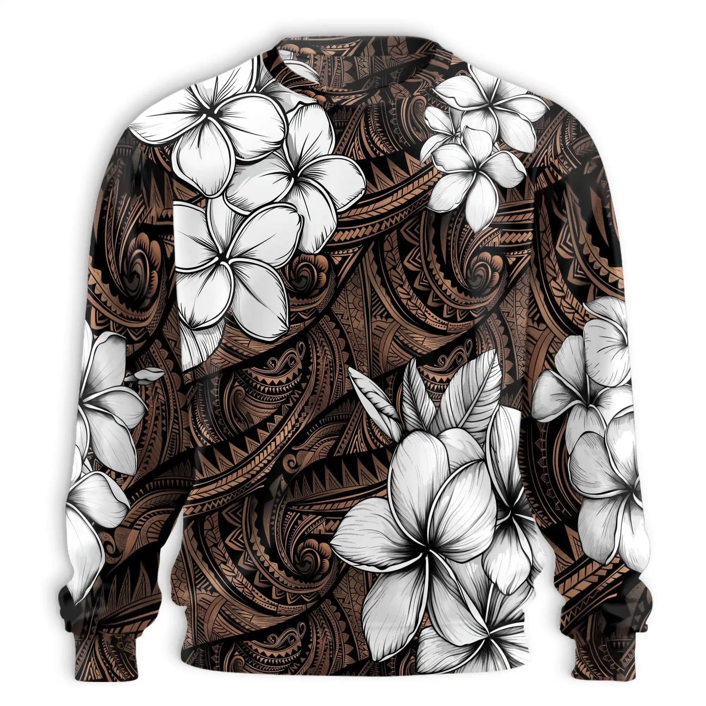 Hibiscus Tribal Floral Brown Sweatshirt, 3D All Over Print Polynesian Tropical Crewneck Pullover for Men Women, Hibiscus Lover Gift - Netecom