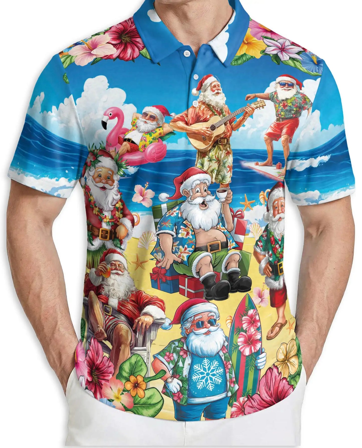Santa Beach Holiday Polo Shirt for Men – Summer Hawaiian Xmas Shirt | Netecom