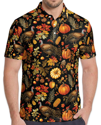 Autumn Turkey Harvest 3D Polo Shirt for Men – Rustic Thanksgiving Farm Style | Netecom