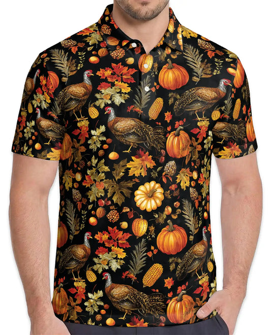 Autumn Turkey Harvest 3D Polo Shirt for Men – Rustic Thanksgiving Farm Style | Netecom