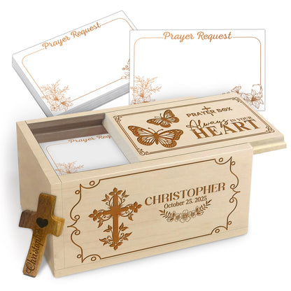 Netecom Personalized Memorial Prayer Box with Custom Name & Date, Wooden Remembrance Box with Cross and 100 Prayer Request Cards, Sympathy Christian Keepsake for Loved One