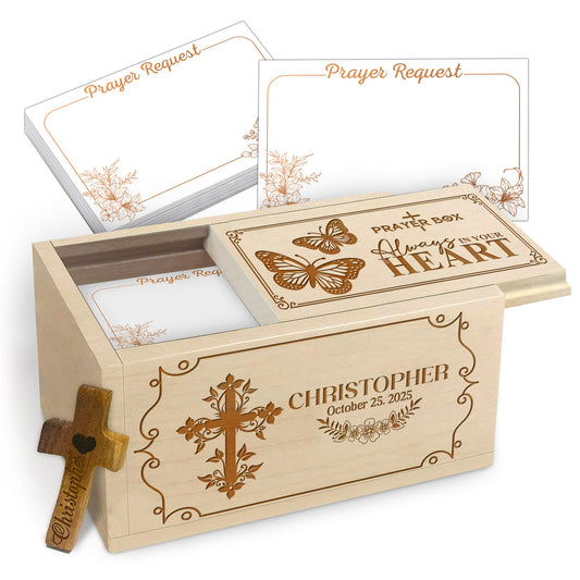 Netecom Personalized Memorial Prayer Box with Custom Name & Date, Wooden Remembrance Box with Cross and 100 Prayer Request Cards, Sympathy Christian Keepsake for Loved One