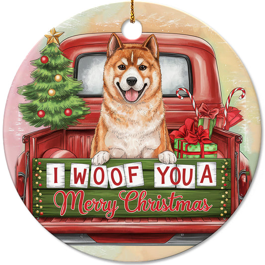 Netecom Adorable Akita in Vintage Truck Ornament, I Woof You a Merry Christmas Ceramic Ornament for Christmas Tree Hanging Decorations Gift, Puppy Lover Gift, Xmas Party Present
