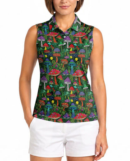 Hippie Vintage Mushroom Sleeveless Polo Shirt for Women | Netecom