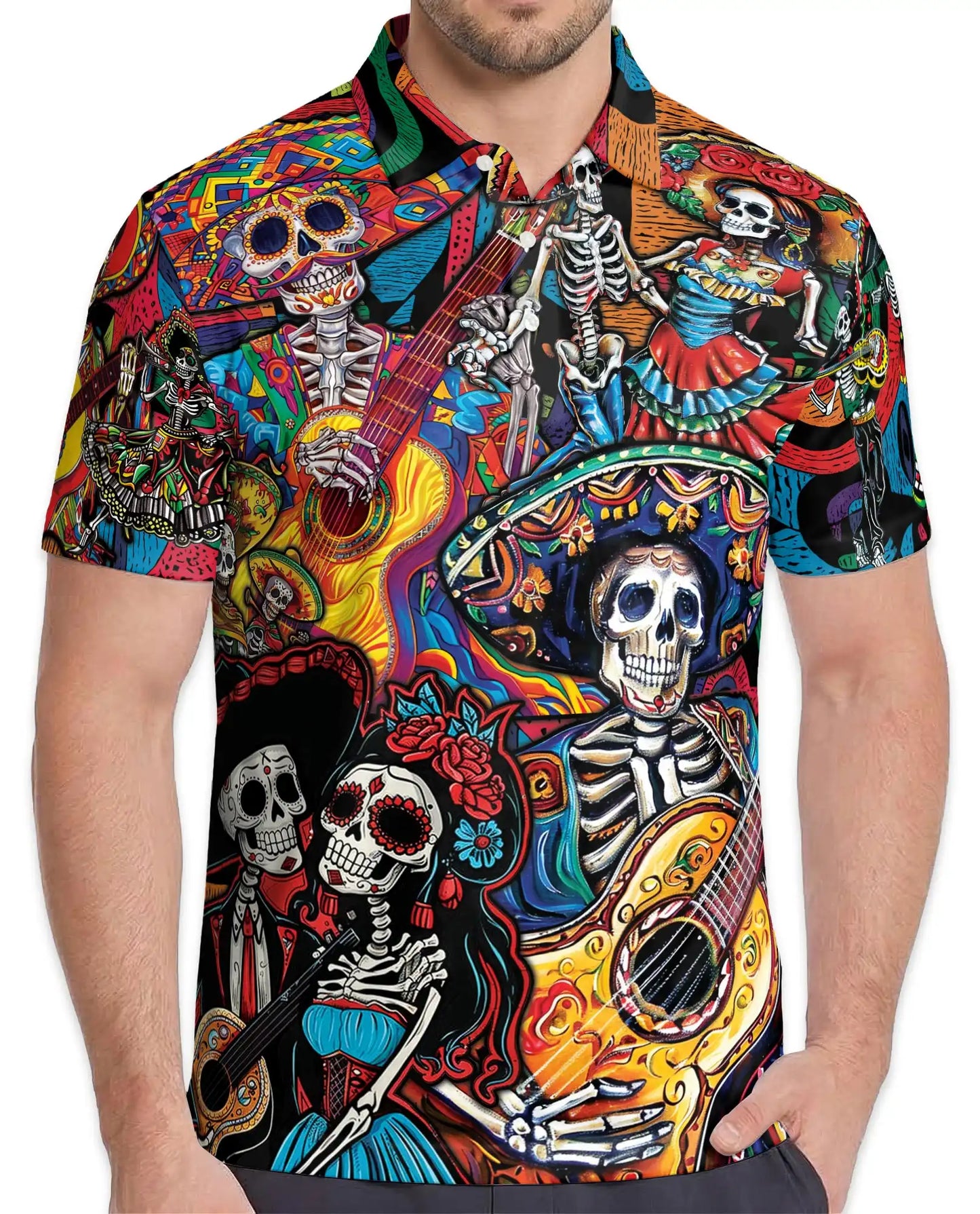 Dia de los Muertos Guitar Polo Shirt - Colorful Fiesta Style | Netecom