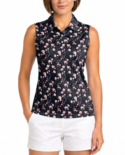 Cherry Blossom Branches Pattern Sleeveless Polo Shirt for Women | Netecom