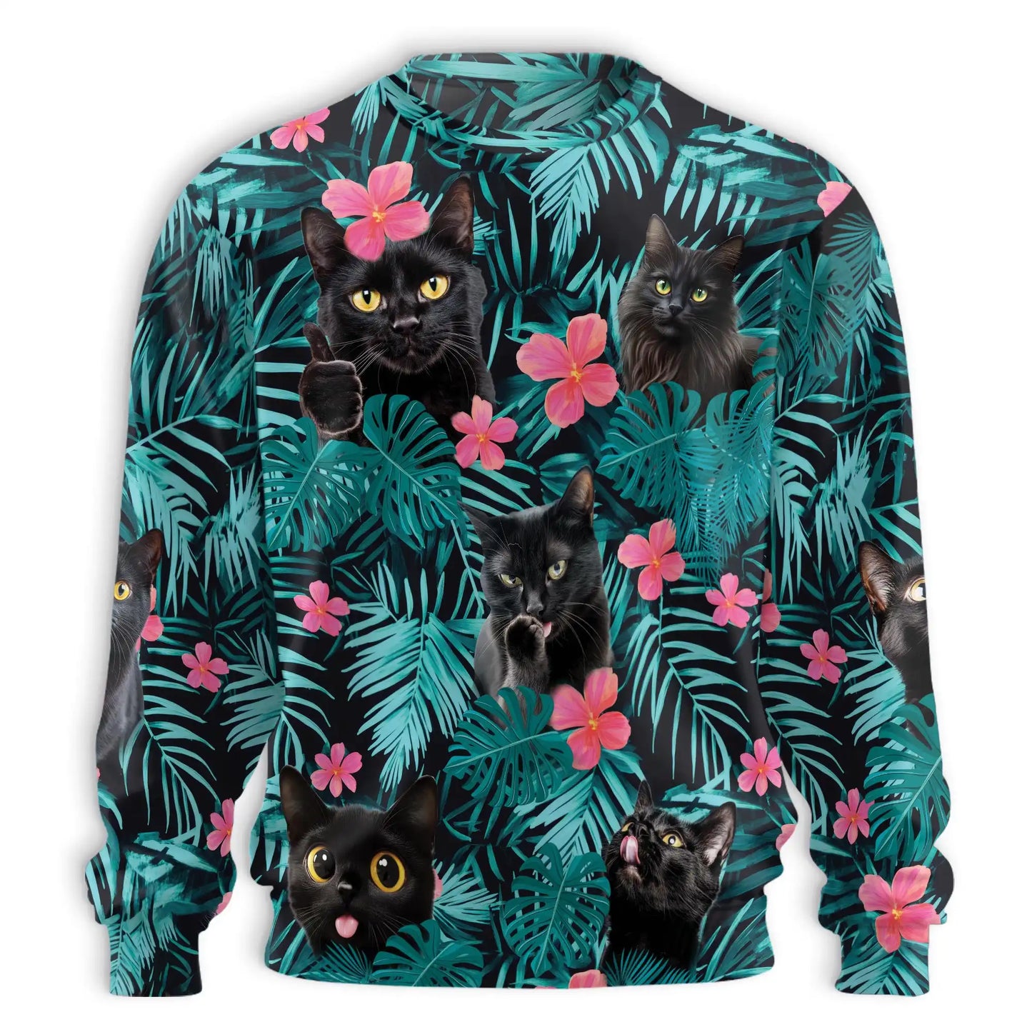 Cute Black Cat Tropical Sweatshirt, 3D All Over Print Beach Cat Crewneck Pullover for Men Women, Black Cat Lover Gift - Netecom