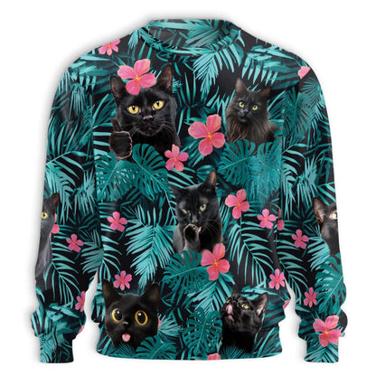 Cute Black Cat Tropical Sweatshirt, 3D All Over Print Beach Cat Crewneck Pullover for Men Women, Black Cat Lover Gift - Netecom