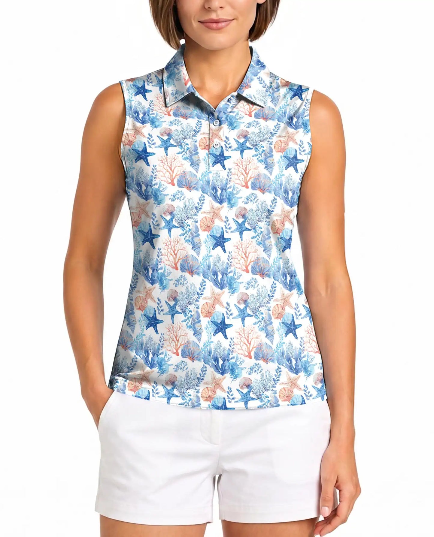 Starfish And Coral Sleeveless Polo Shirt for Women – Ocean Tropical Style | Netecom