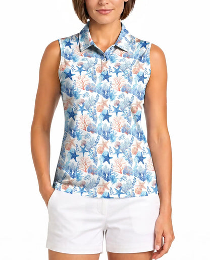Starfish And Coral Sleeveless Polo Shirt for Women – Ocean Tropical Style | Netecom