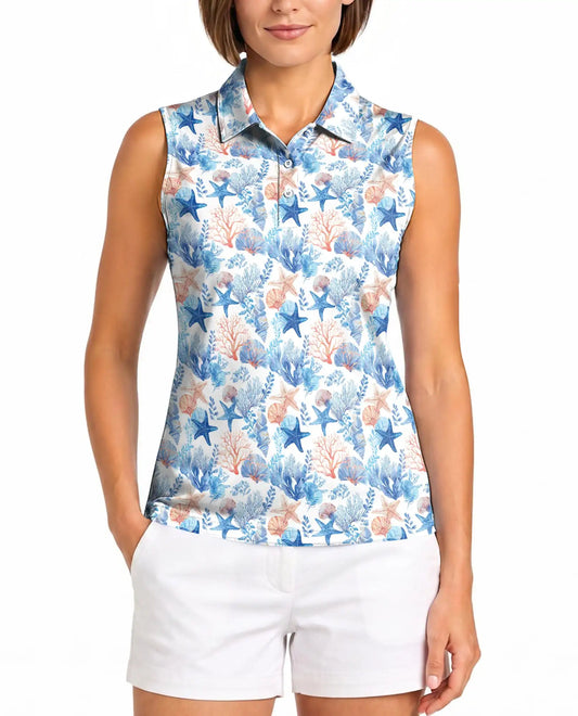 Starfish And Coral Sleeveless Polo Shirt for Women – Ocean Tropical Style | Netecom