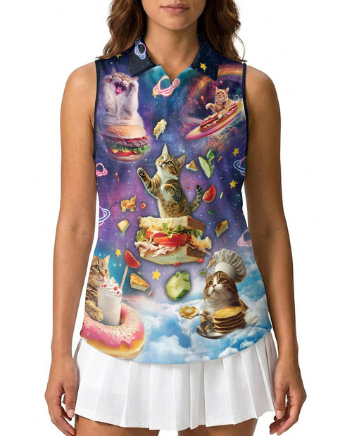 Cosmic Cat Food Adventure Sleeveless Polo Shirt for Women | Netecom