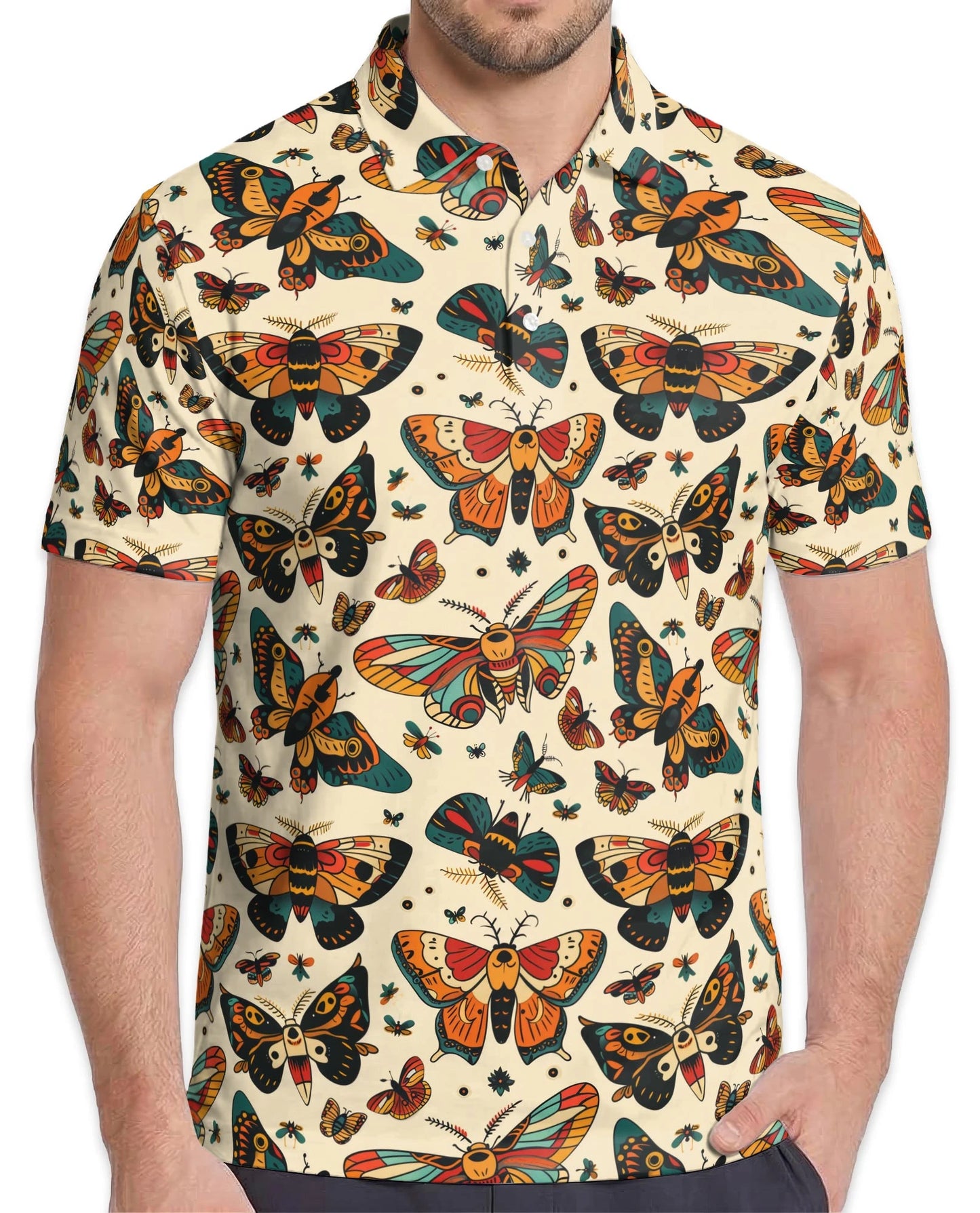 Vintage Butterfly Pattern Polo Shirt for Men – Retro Floral Nature Style | Netecom