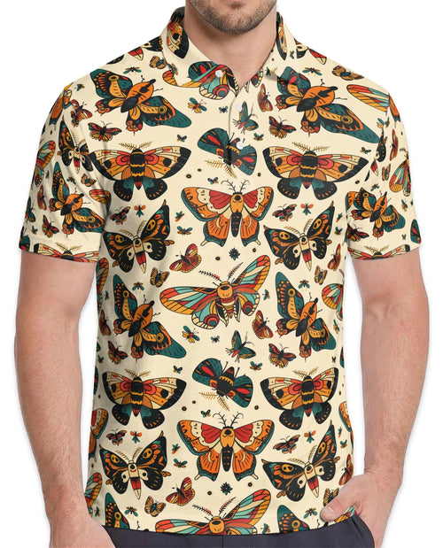 Vintage Butterfly Pattern Polo Shirt for Men – Retro Floral Nature Style | Netecom
