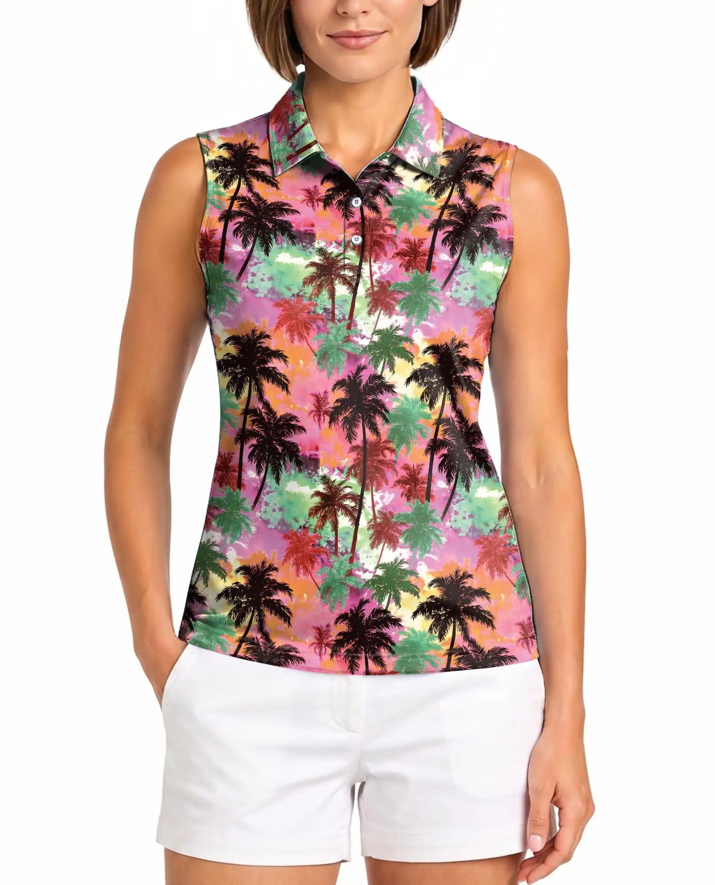 Colorful Sunset Palm Tree Sleeveless Polo Shirt for Women | Netecom