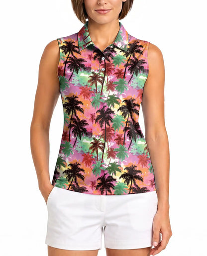 Colorful Sunset Palm Tree Sleeveless Polo Shirt for Women | Netecom