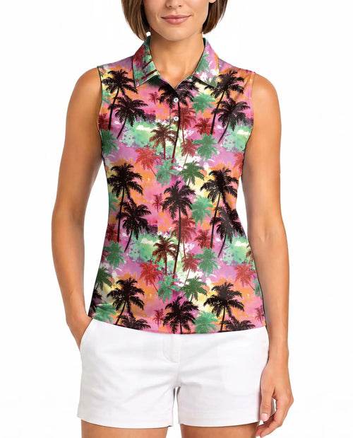 Colorful Sunset Palm Tree Sleeveless Polo Shirt for Women | Netecom
