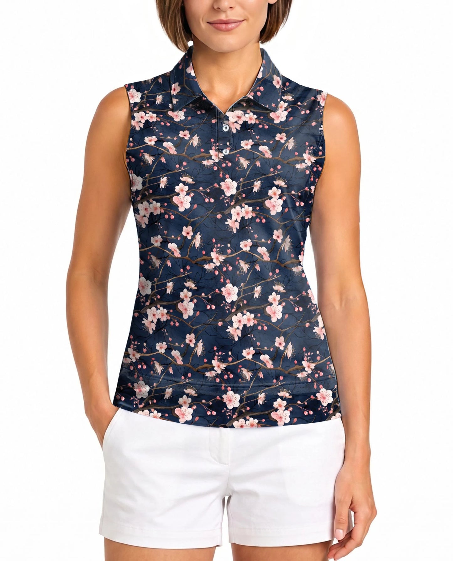 Navy Sakura Flower Sleeveless Polo Shirt for Women – Elegant Floral Style | Netecom