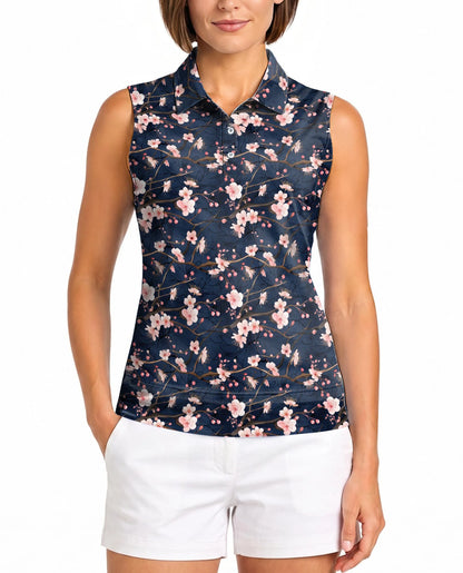 Navy Sakura Flower Sleeveless Polo Shirt for Women – Elegant Floral Style | Netecom