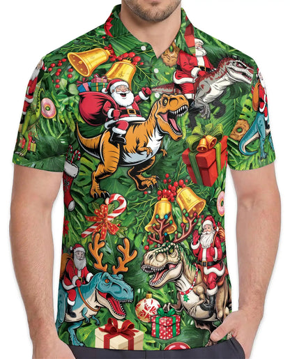 Christmas Dinosaur 3D Polo Shirt for Men – Funny Santa T Rex Holiday Style | Netecom
